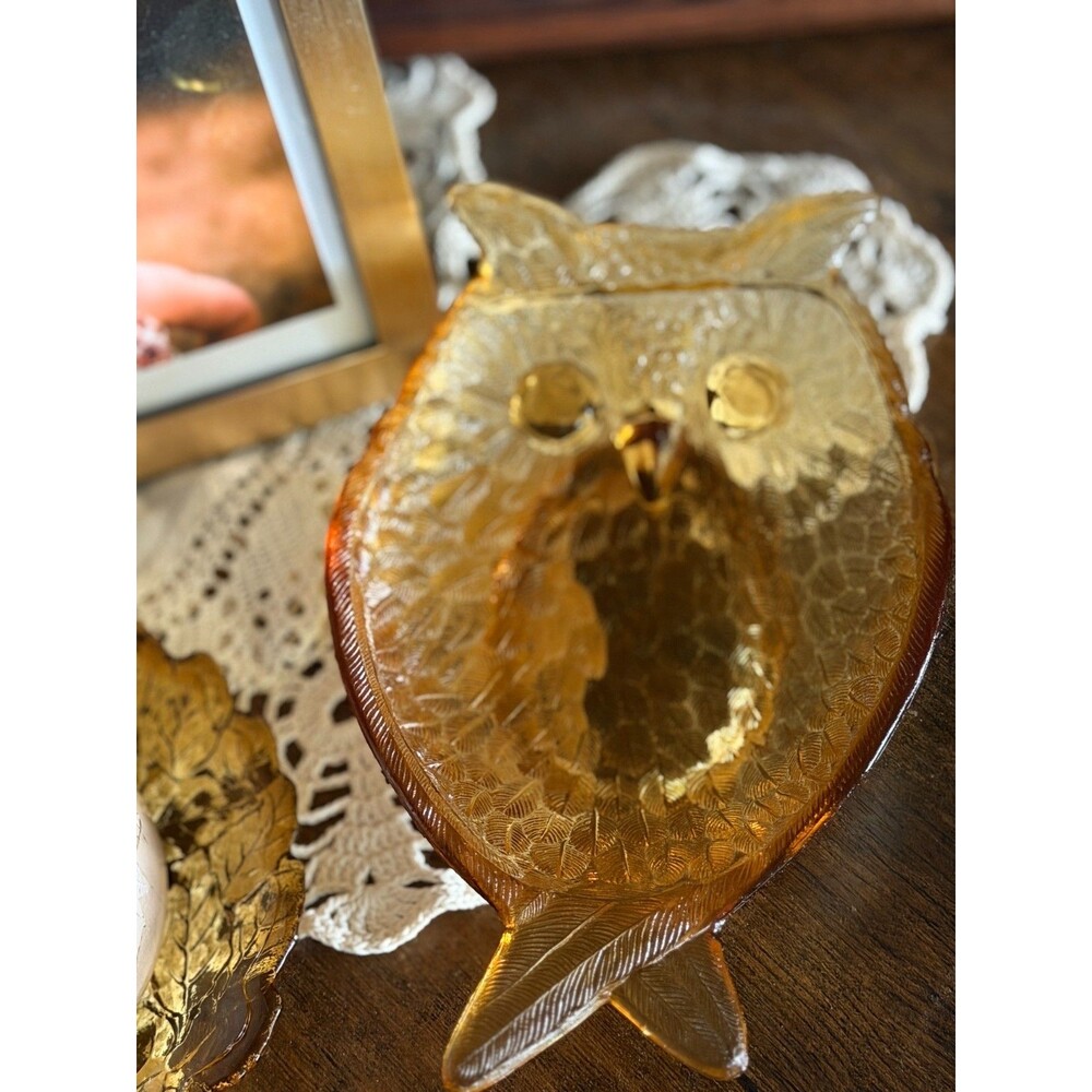 Vintage Amber Glass Owl Trinket Dish Candy Tray 8" Mid Century Boho Decor